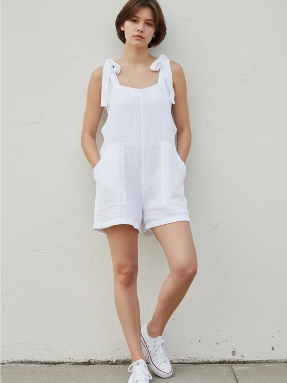 Aerie White Gauze Tie-Shoulder Romper